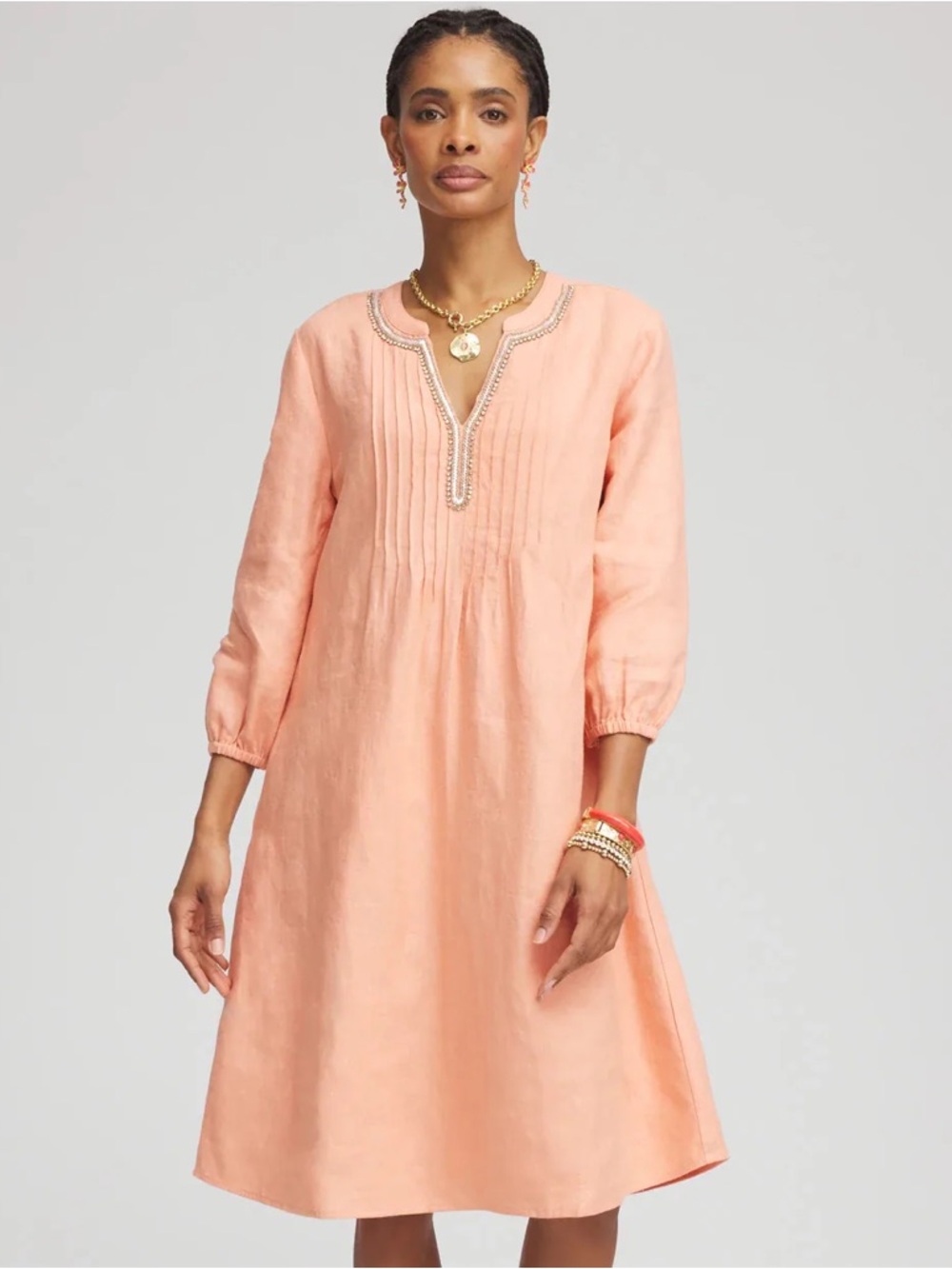 Chico's Coral Linen Pintuck 3/4 Sleeve Dress